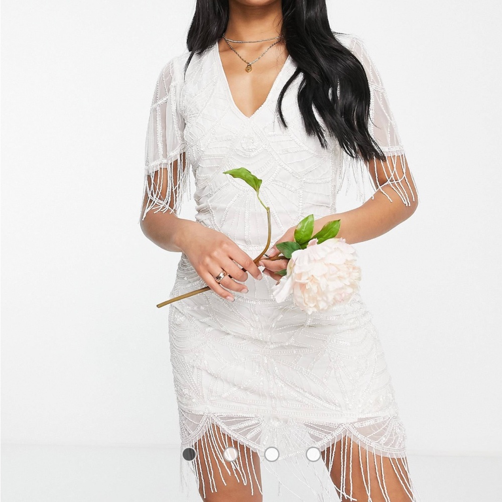 Starlet Bridal fringe sleeve embellished mini dress in ivory